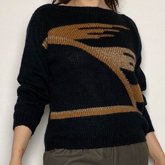 Vintage 1980s Black NEW WAVE Boat Neck Zig Zag Wool Blend Sweater! Medium-Large - Picture 4 of 7